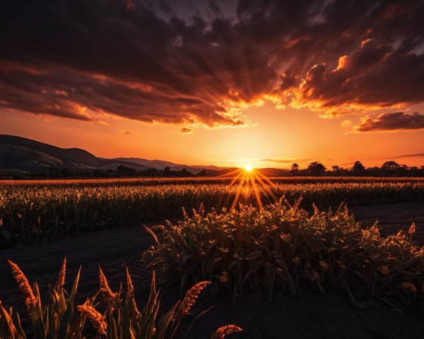 Vibrant Sunset Over Silhouetted Cornfield Landscape