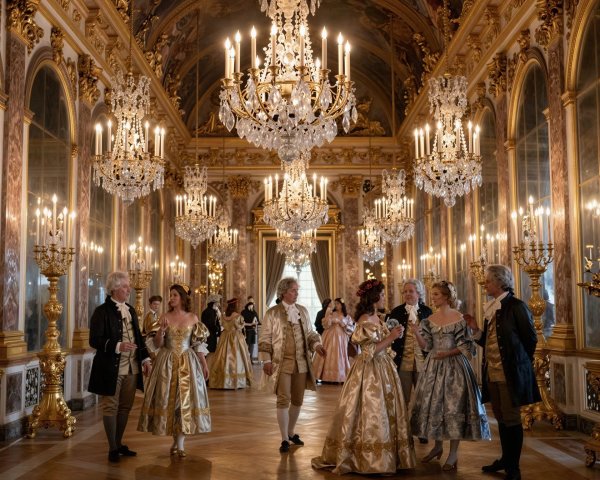 Grand Hall of Versailles with Aristocratic Attire and Opulence