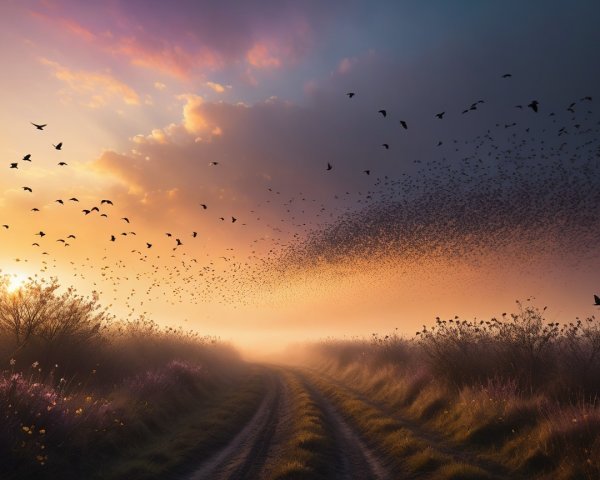Serene Dawn Landscape with Winding Path and Birds
