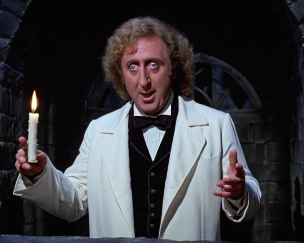 Character in formal attire in gothic setting with candle