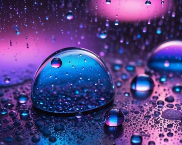 Close-Up of Water Droplets Reflecting Blue and Purple