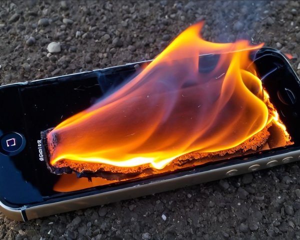 Smartphone on Fire Surrounded by Rugged Terrain and Grass