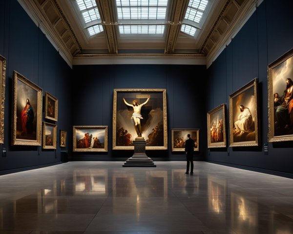 Grand Art Gallery with Religious Paintings and Statue