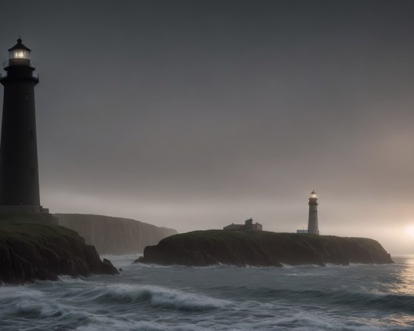 Lighthouses on Rocky Islands in Stormy Sea Landscape