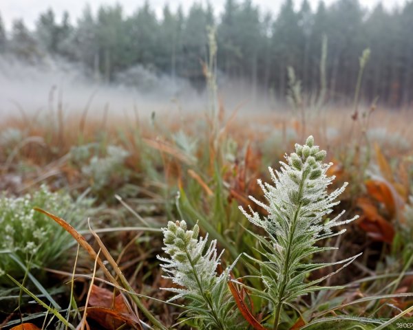 Frost-Covered Landscape with Misty Forest Background