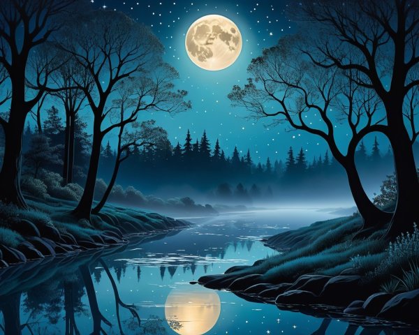 Serene Nighttime Landscape with Full Moon and River