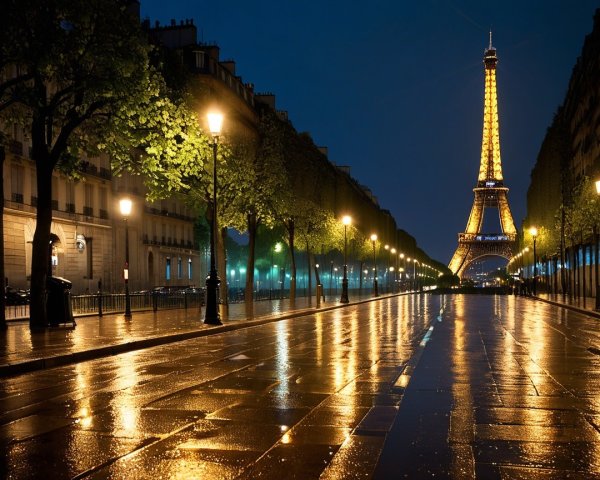 Serene Paris Night Scene with Illuminated Eiffel Tower
