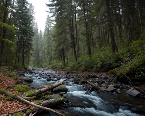 Serene forest landscape with winding stream and trees