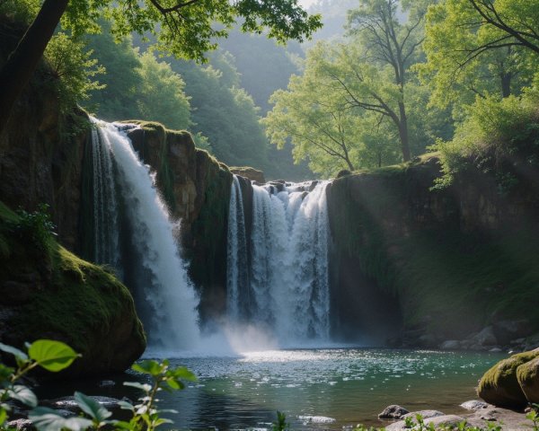 Cascading Waterfall in Lush Green Landscape