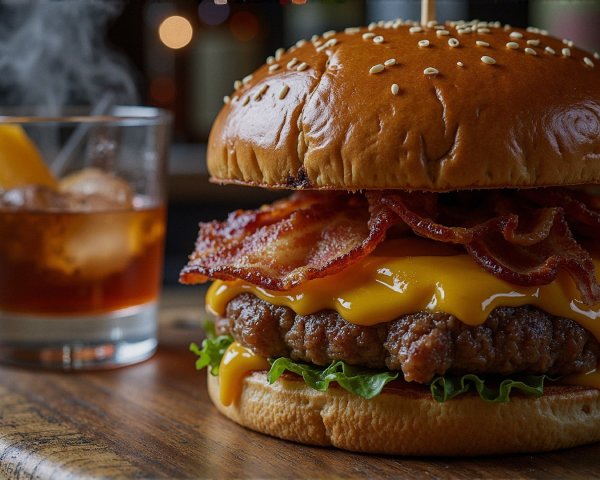 Cheeseburger with Whiskey on Rustic Wooden Board