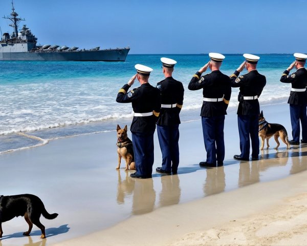 Military Personnel in Formation on Sandy Beach