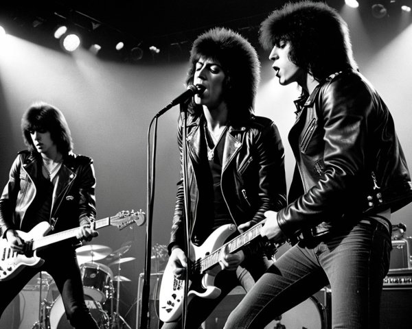 Rock Band Performance in Black and White Scene