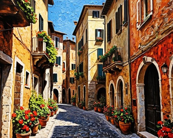 Charming Cobblestone Street with Vibrant Buildings