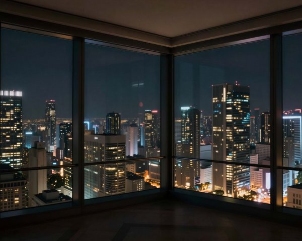 Modern High-Rise Room Overlooking Cityscape at Night
