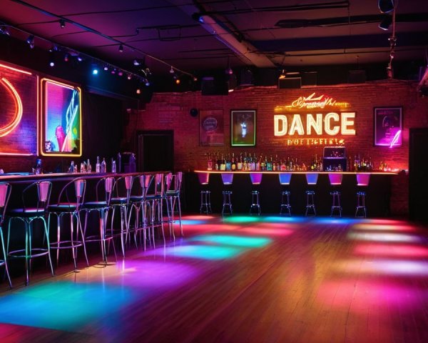 Vibrant Dance Studio with Neon Lights and Retro Decor