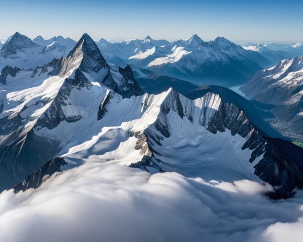 Aerial View of Snow-Capped Mountain Peaks and Lake