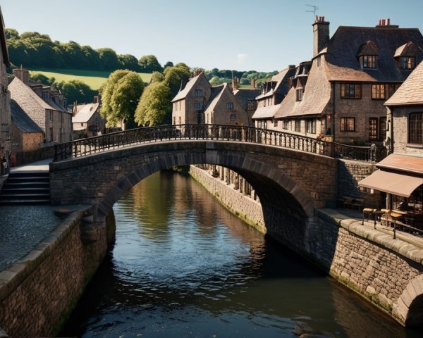 Historic village with stone buildings by a canal