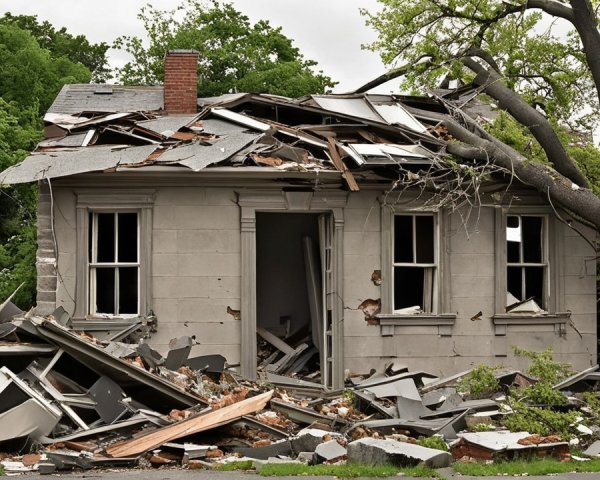 Dilapidated house with collapsed roof and debris