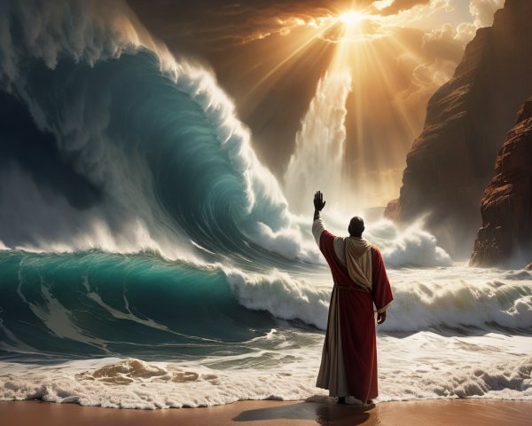 Ancient Figure Facing Massive Wave at Dramatic Beach