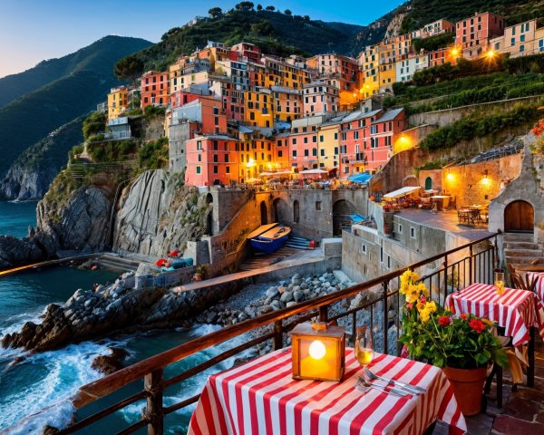 Coastal Village with Colorful Buildings and Scenic Views