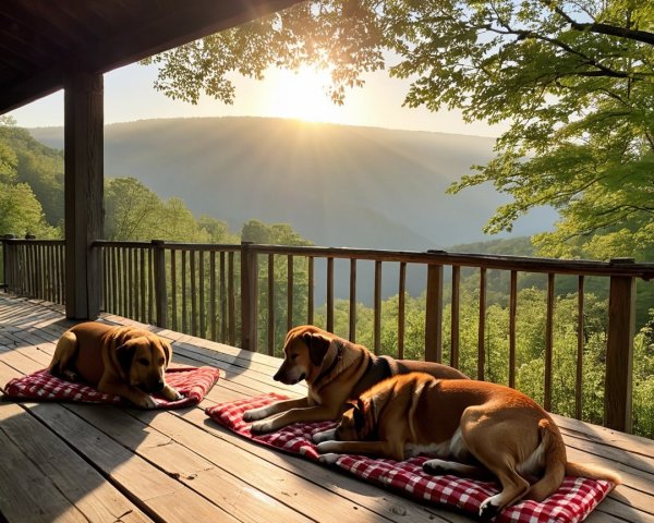 Dogs on Plaid Blankets at Sunset on Wooden Deck