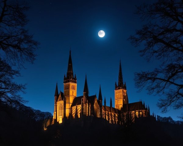 Majestic castle illuminated under a night sky