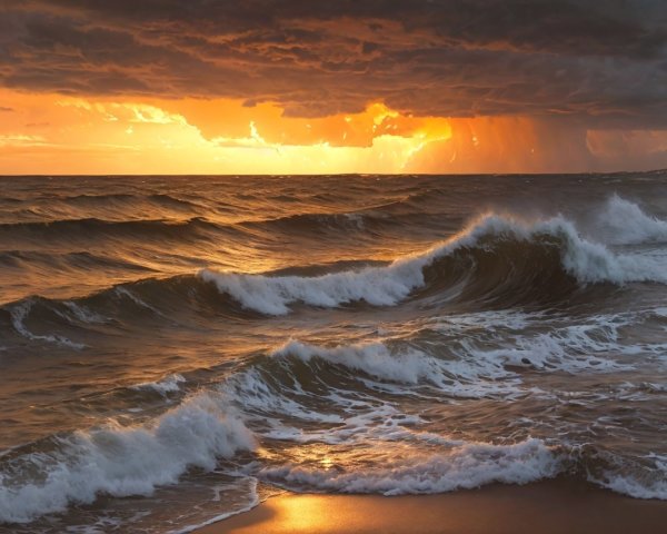 Dramatic Ocean Landscape at Sunset with Turbulent Waves