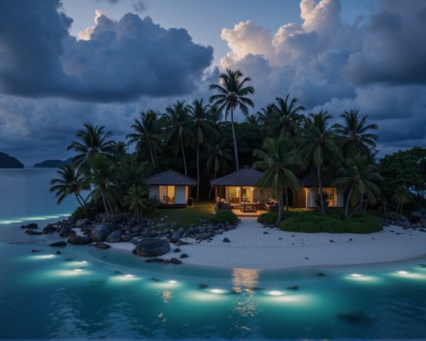 Tropical Island Twilight with Charming Houses and Beach