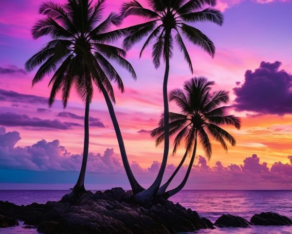Tropical Sunset with Palm Trees and Calm Ocean Waves