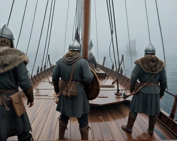 Vikings on Longship Against Smoky Gray Sea and Sky