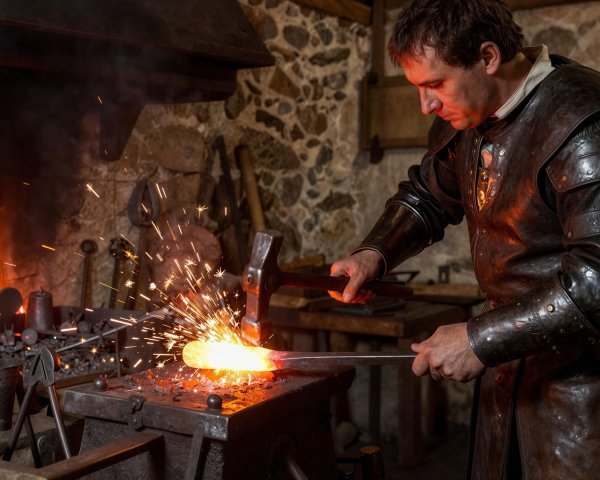 Blacksmith at Work in Dark Workshop with Glowing Metal