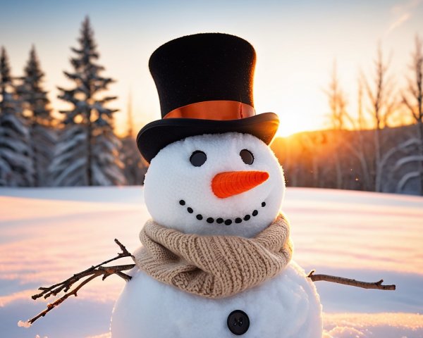 Snowman in snowy field at sunset with pine trees