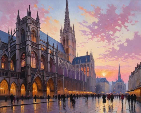 Evening Scene of Cathedral with Sunset Reflection