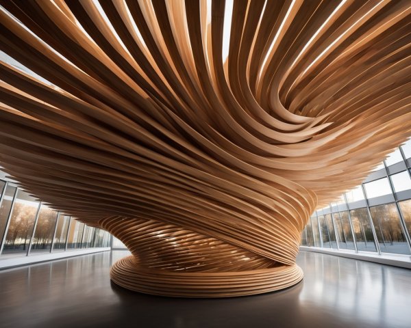 Wooden Sculpture with Swirling Design in Modern Interior