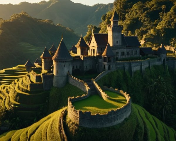 Majestic castle on a hill with terraced fields and mountains