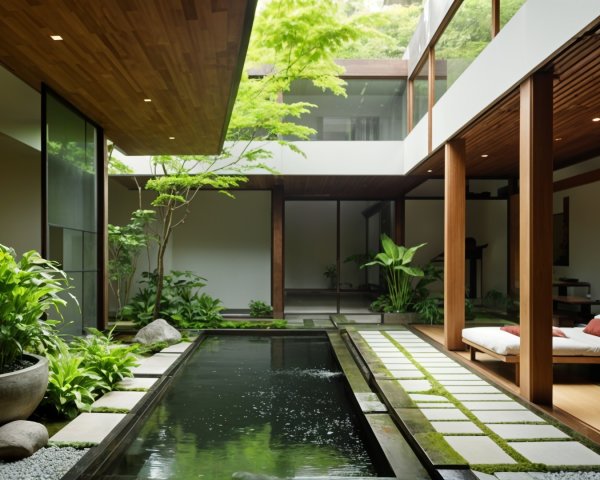Indoor Garden with Reflecting Pool and Greenery