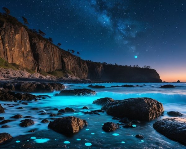 Twilight Coastal Scene with Starry Sky and Cliffs