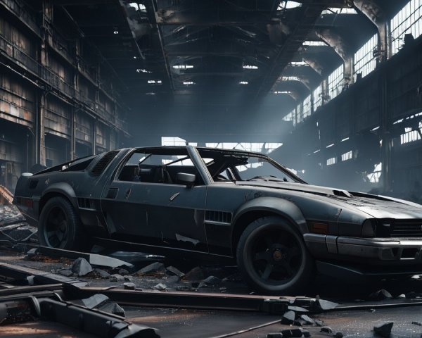 Abandoned Warehouse with Vintage Sports Car and Debris