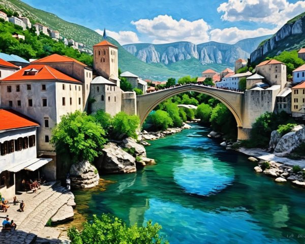 Historic bridge over vibrant river with lush hills
