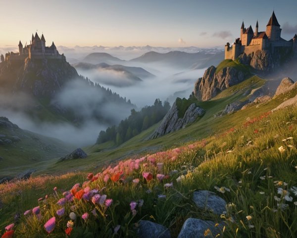 Majestic Castles in a Serene Landscape with Mountains