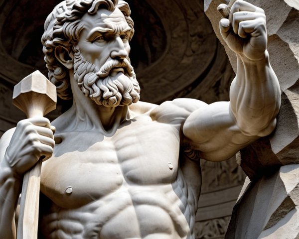 Muscular Male Statue with Hammer and Classical Background
