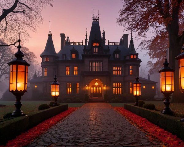 Expansive mansion surrounded by trees and autumn leaves