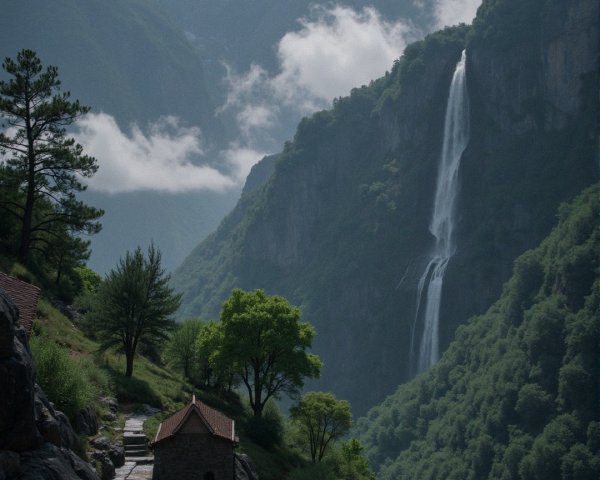 Serene Mountain Landscape with Waterfall and Stone Structure