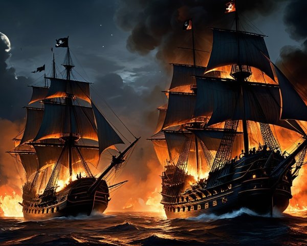 Pirate Ships in Fiery Naval Battle at Night