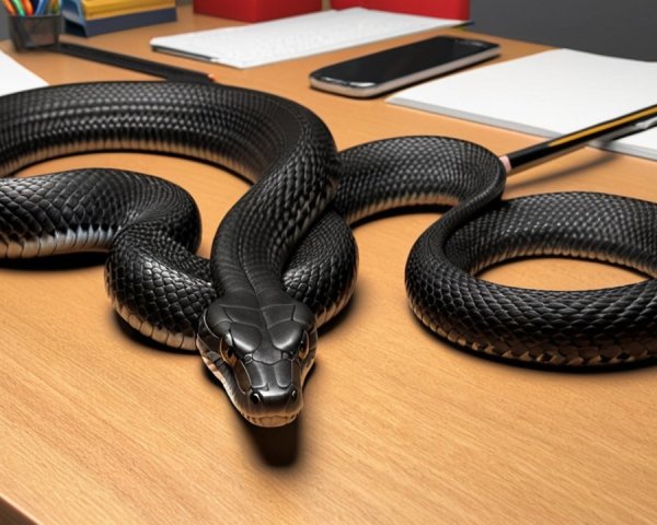 Black Snake Coiled on Wooden Desk with Office Supplies