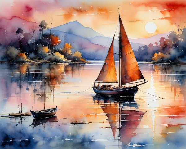 Watercolor Scene of Sailboat on Calm Sunset Lake