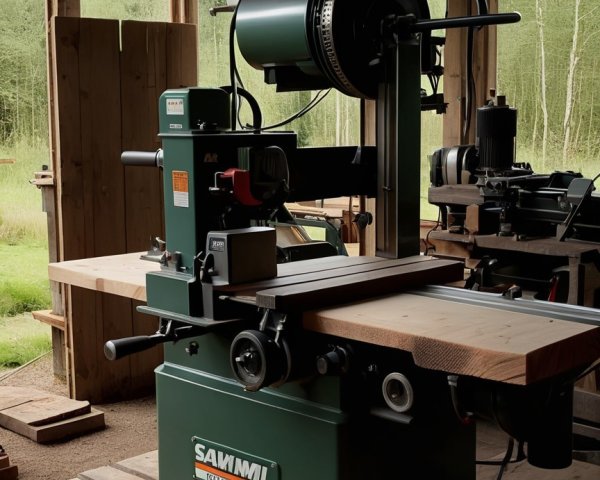 Heavy-Duty Sawmill in Workshop with Forest Background