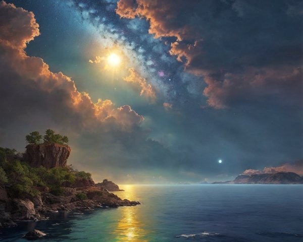 Luminous Seascape with Starry Sky and Rocky Cliffs