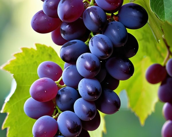 Close-up of Ripe Grapes on a Vine with Green Leaves