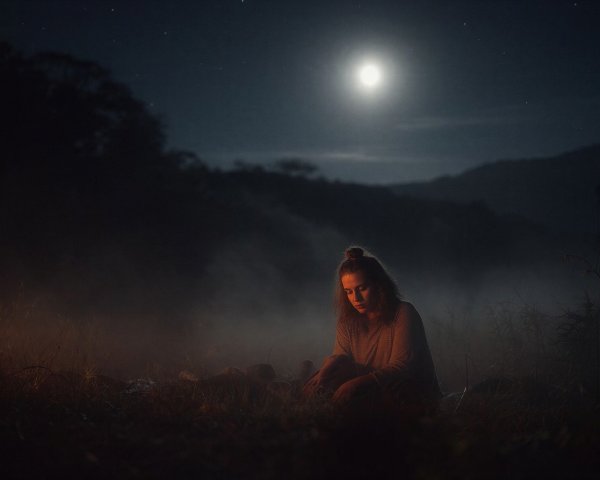 Woman in bun crouched on grass under moonlight